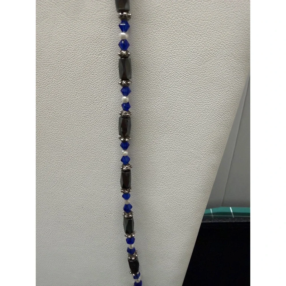 Hematite Style Beaded Long Necklace Blue Crystal White Pearl‎ Gunmetal Tone 36in